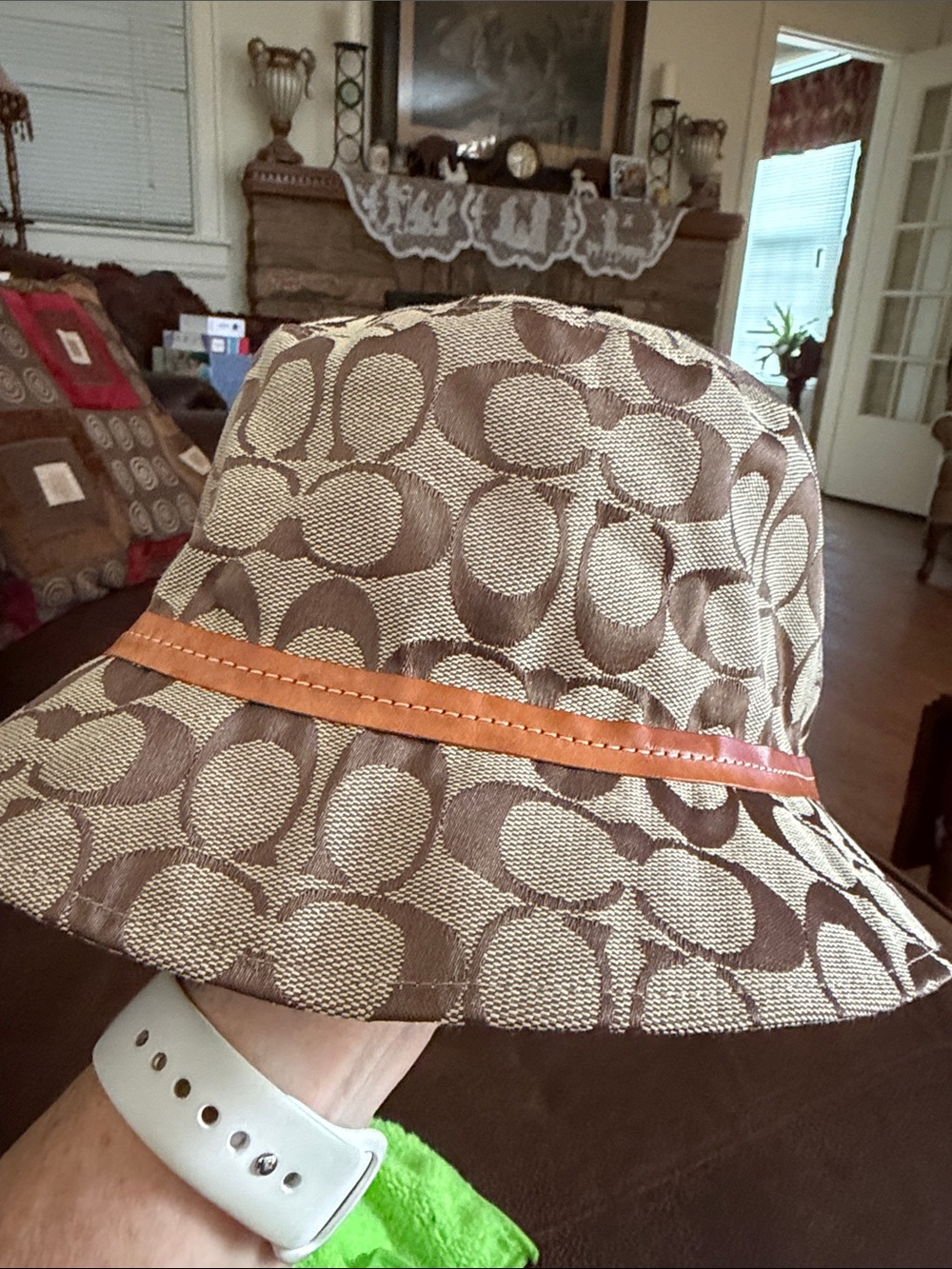 Coach Monogram Bucket Hat in Brown, Cream with Orange Trim